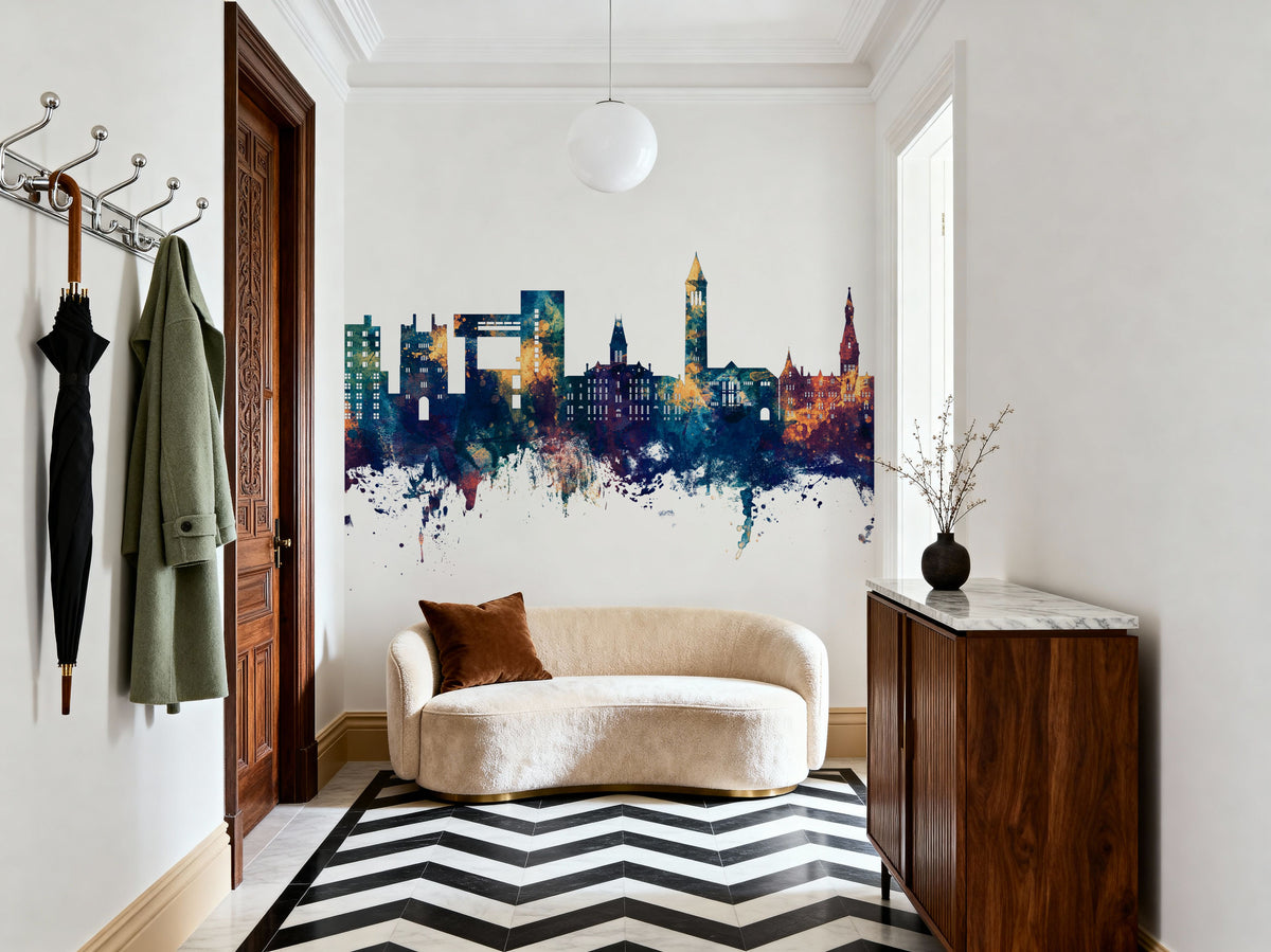 Ithaca New York Skyline Blue & Bronze Mural Wallpaper - room preview 04