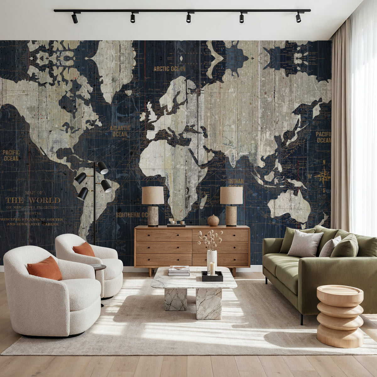 Old World Map Blue Mural Wallpaper - room preview 04