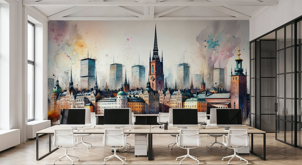 Watercolor Stockholm Skyline Mural Wallpaper - room preview 04
