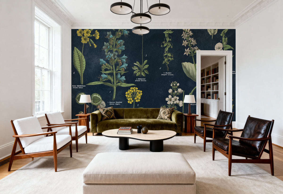 Botanical Floral Chart I Dark Blue Mural Wallpaper - room preview 04