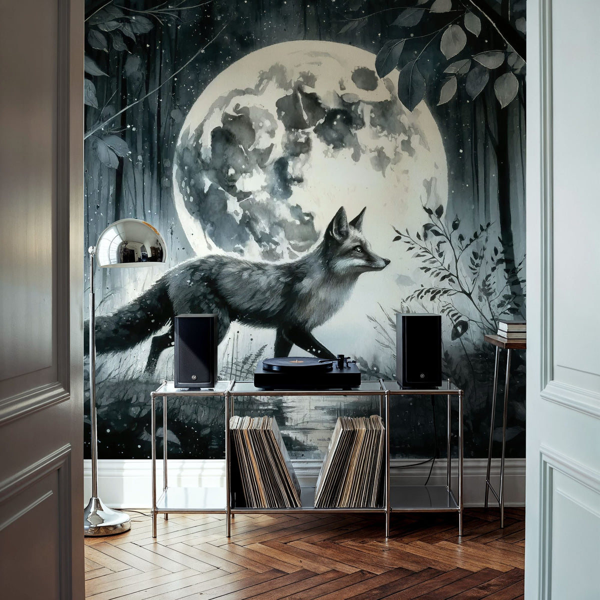 Moonlit Solitude in the Midnight Forest Mural Wallpaper - room preview 04