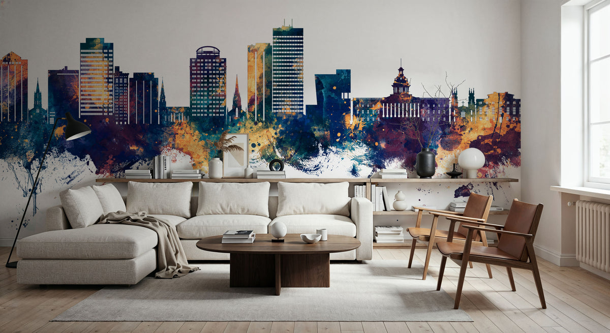 Columbia South Carolina Skyline Blue & Bronze Mural Wallpaper - room preview 04