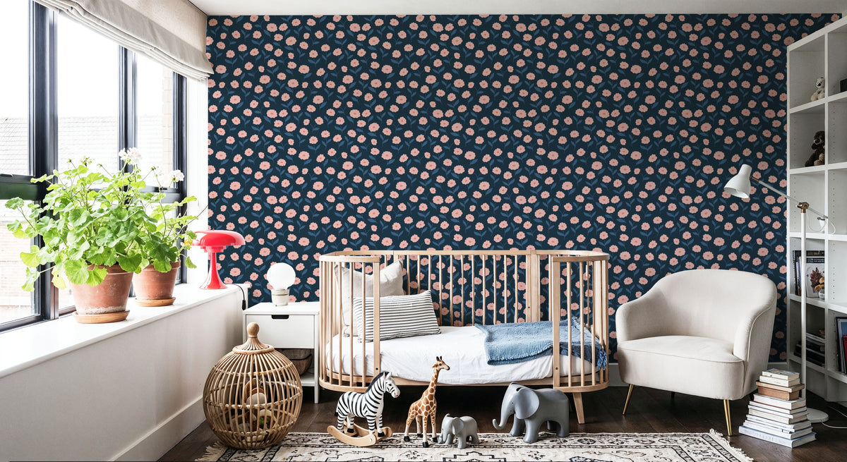 Pink Carnations in a Blue Field Mural Wallpaper - room preview 04