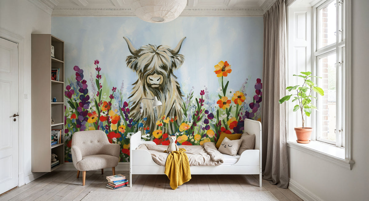Longhorn in Spring Flowers Mural Wallpaper - room preview 04