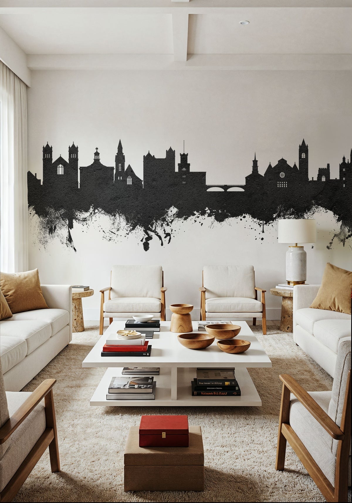 Nashua New Hampshire Skyline Black & White Mural Wallpaper - room preview 04