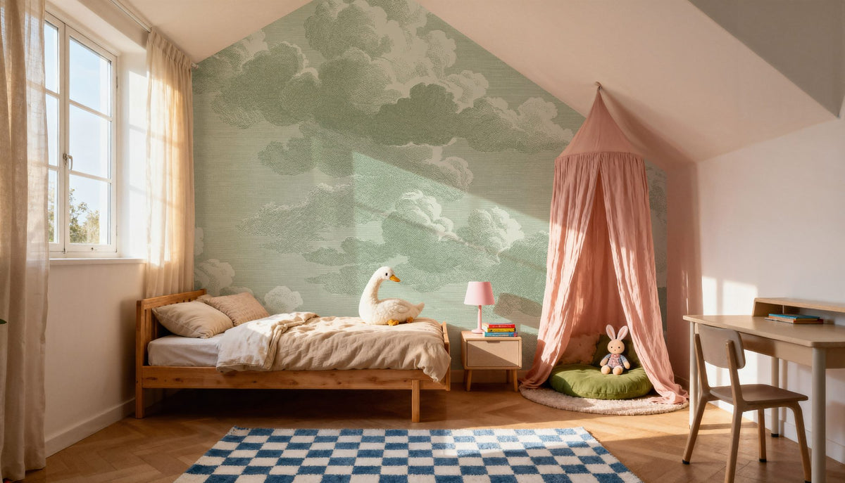Intaglio Clouds, Sage Mural Wallpaper - room preview 04