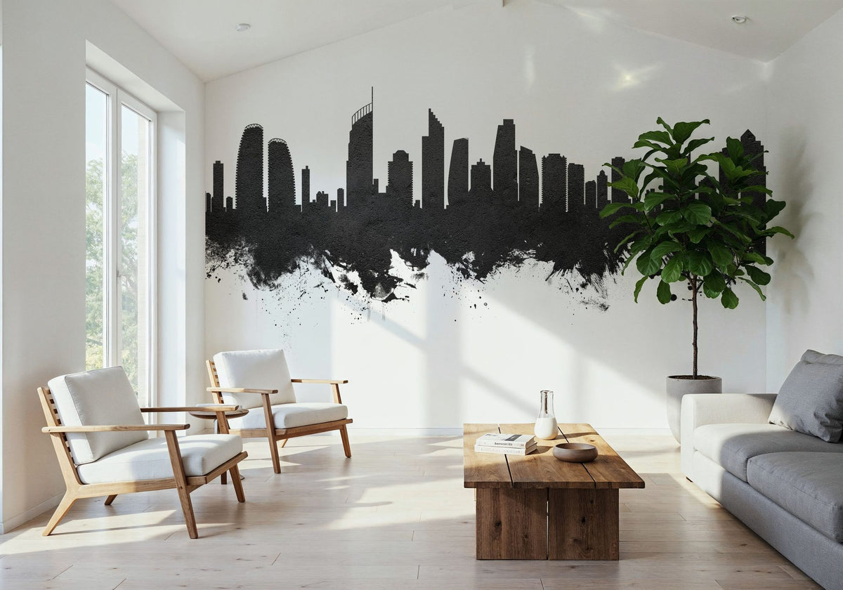Gold Coast Australia Skyline Black & White Mural Wallpaper - room preview 04