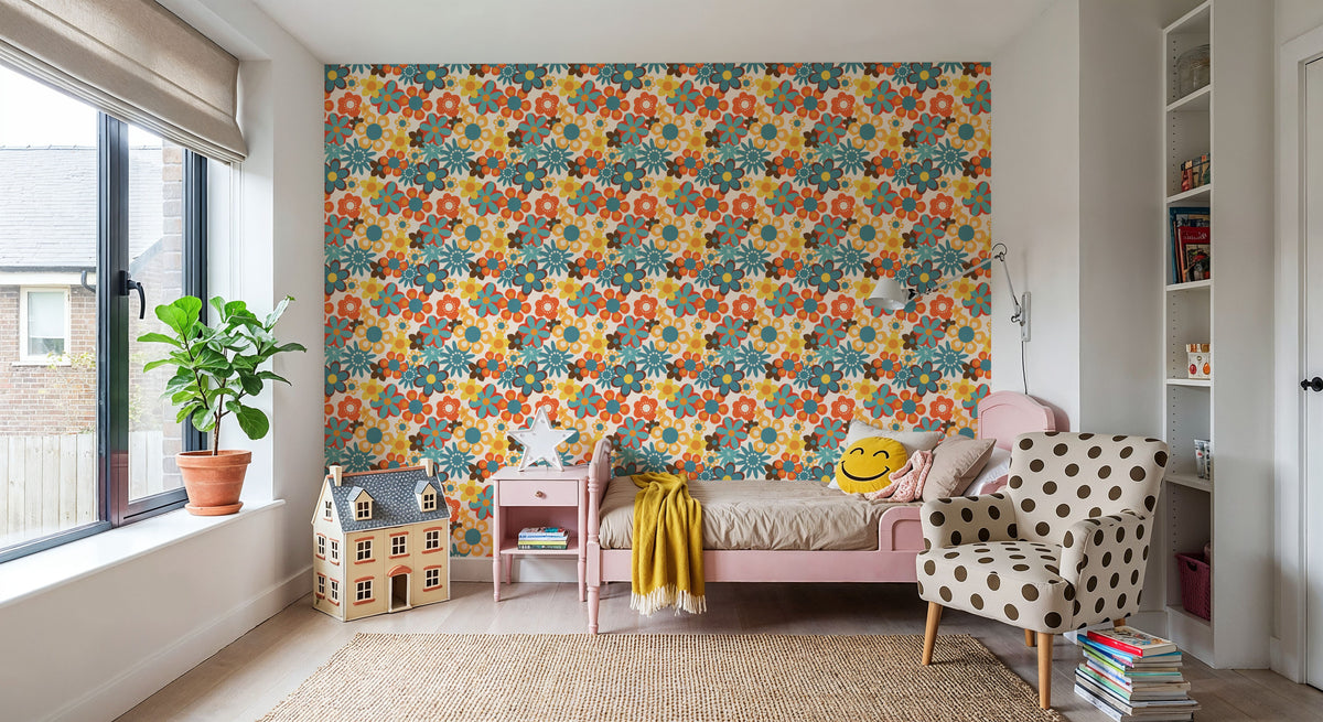 Flower Power, Yellow on Cream Mural Wallpaper - room preview 04
