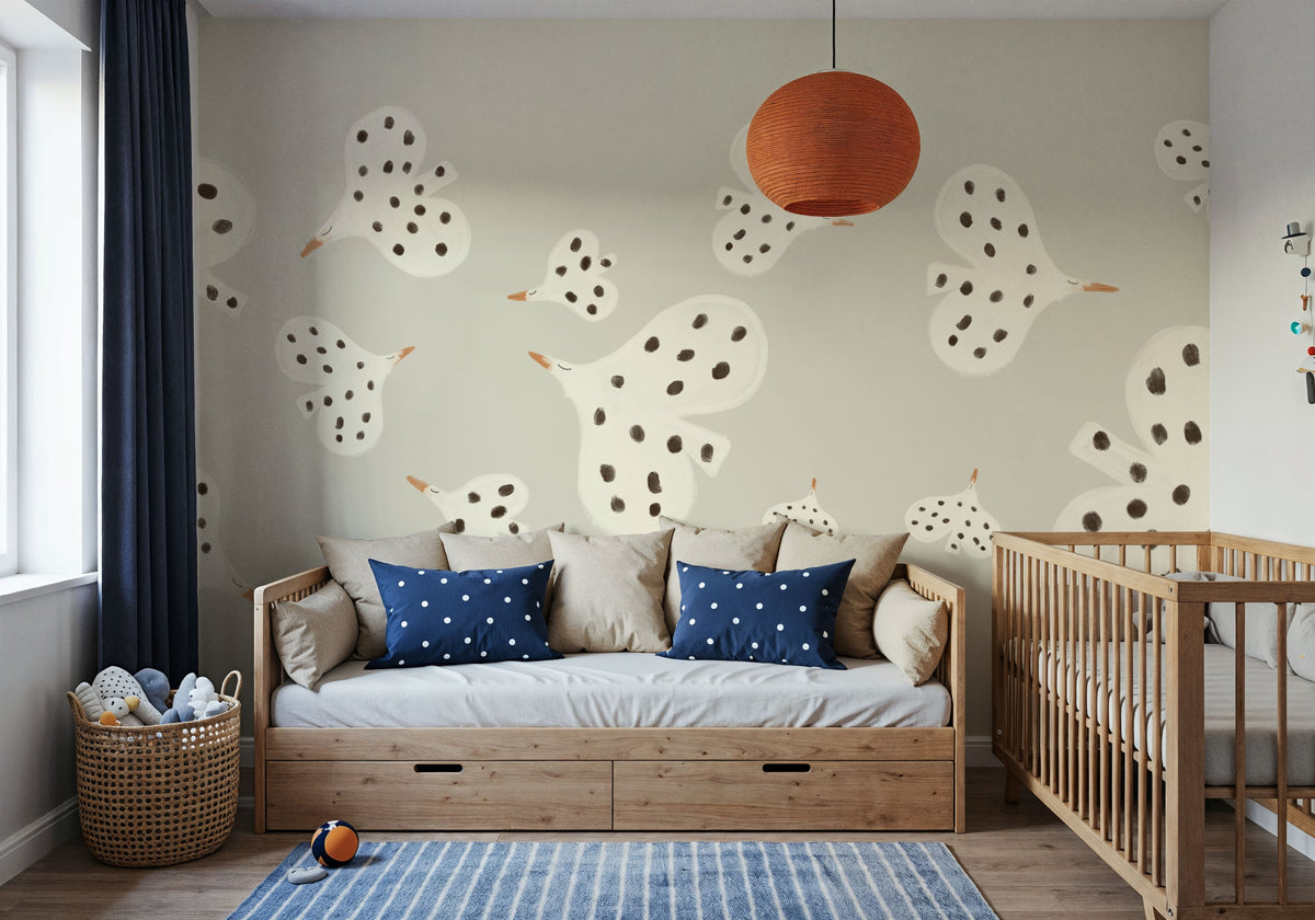 Birds Flying High, Gray Mural Wallpaper - room preview 04