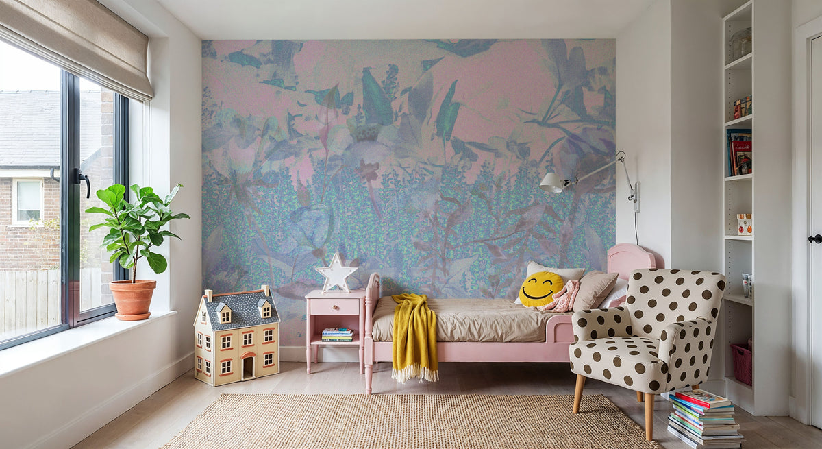 Meadow Memories, Washed Periwinkle Mural Wallpaper - room preview 04
