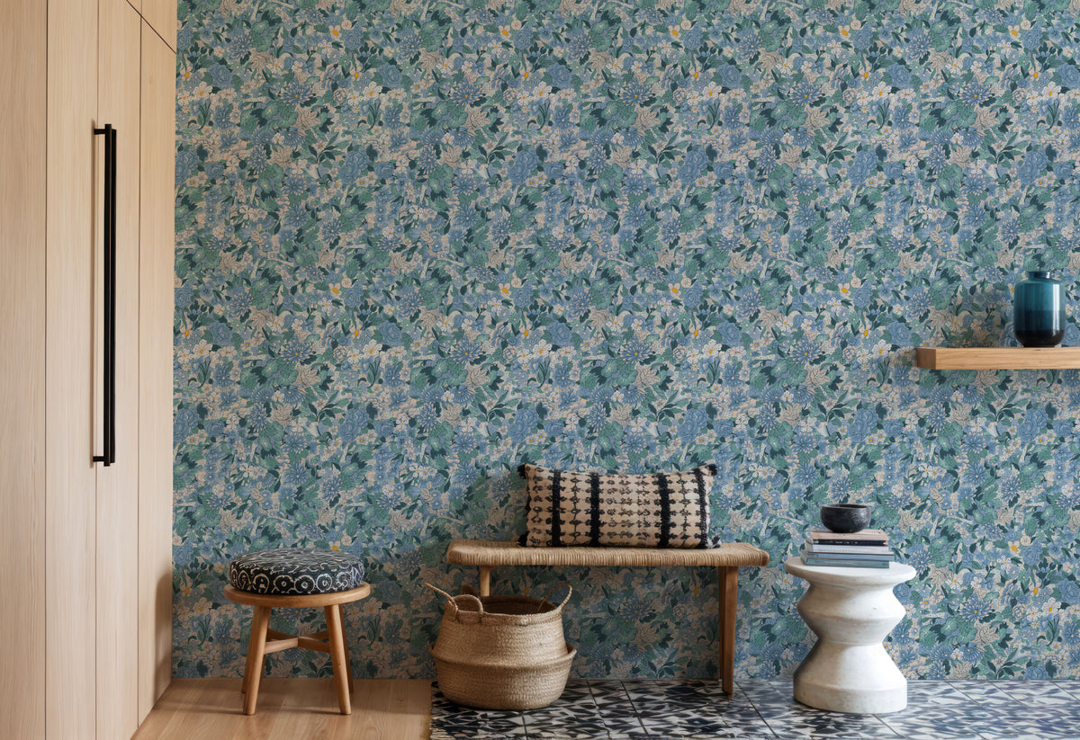 Floral Blossom Dusty Blue Mural Wallpaper - room preview 04