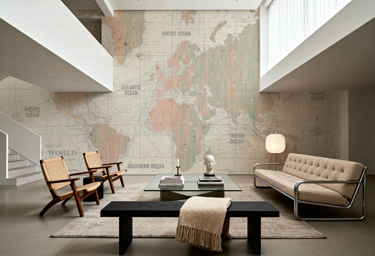 Old World Map Blush and Mint Mural Wallpaper - room preview 04