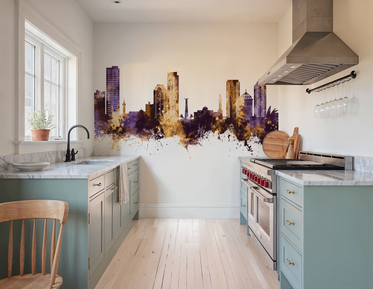 Umm Al Quwain Skyline Purple & Gold Mural Wallpaper - room preview 04