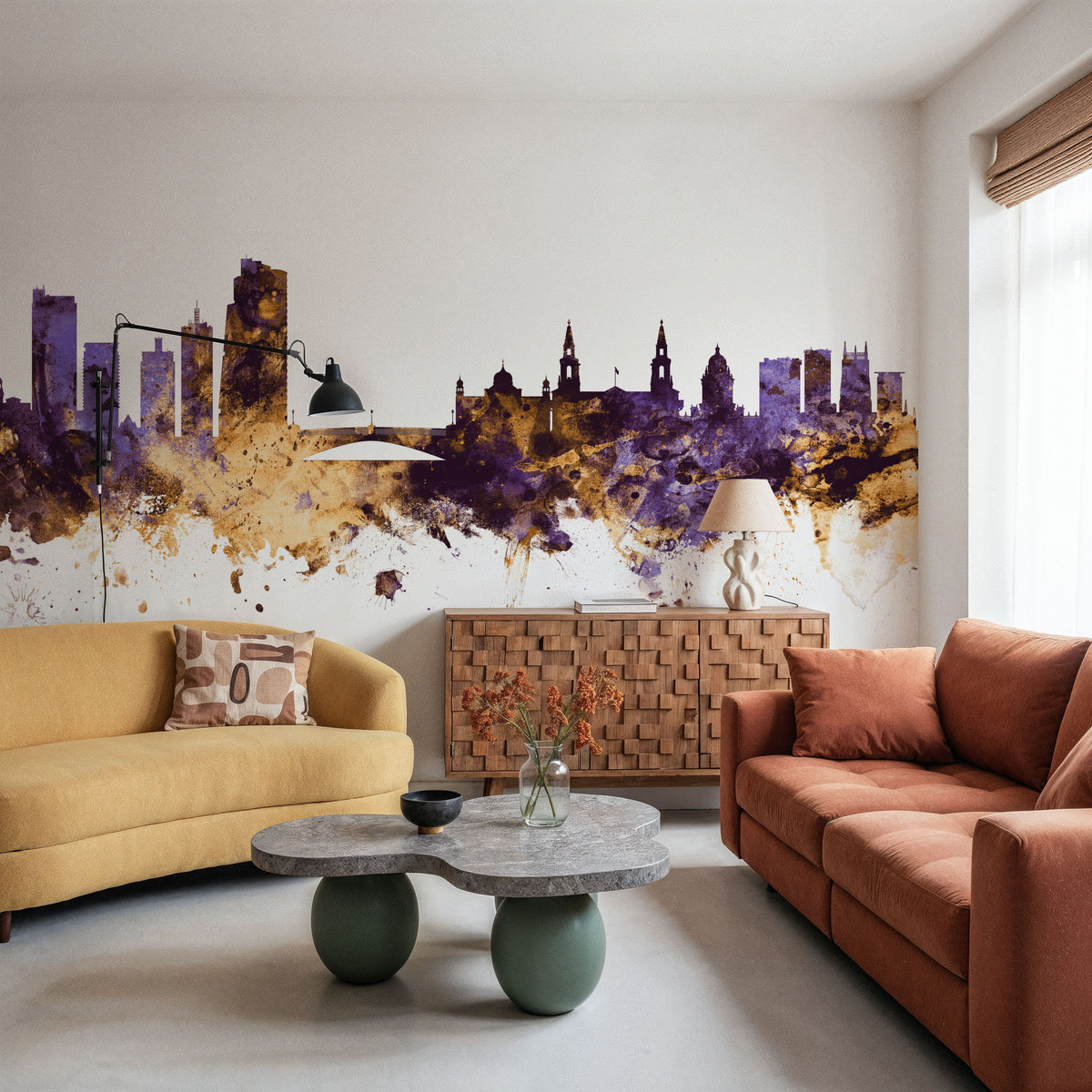 Leeds England Skyline Purple & Gold Mural Wallpaper - room preview 04