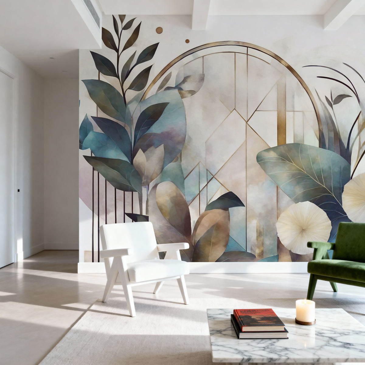 Art Deco Floral Geometry Yellow Mural Wallpaper - room preview 04