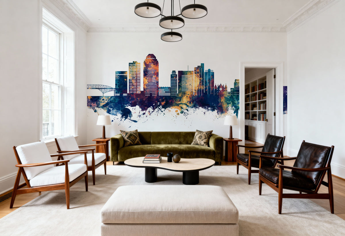 Shreveport Louisiana Skyline Blue & Bronze Mural Wallpaper - room preview 04