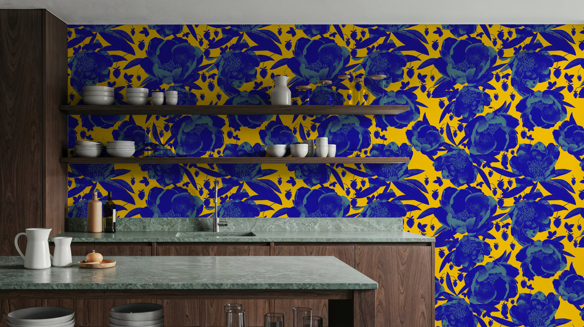 Pop Peonies, Yellow & Blue Mural Wallpaper - room preview 04