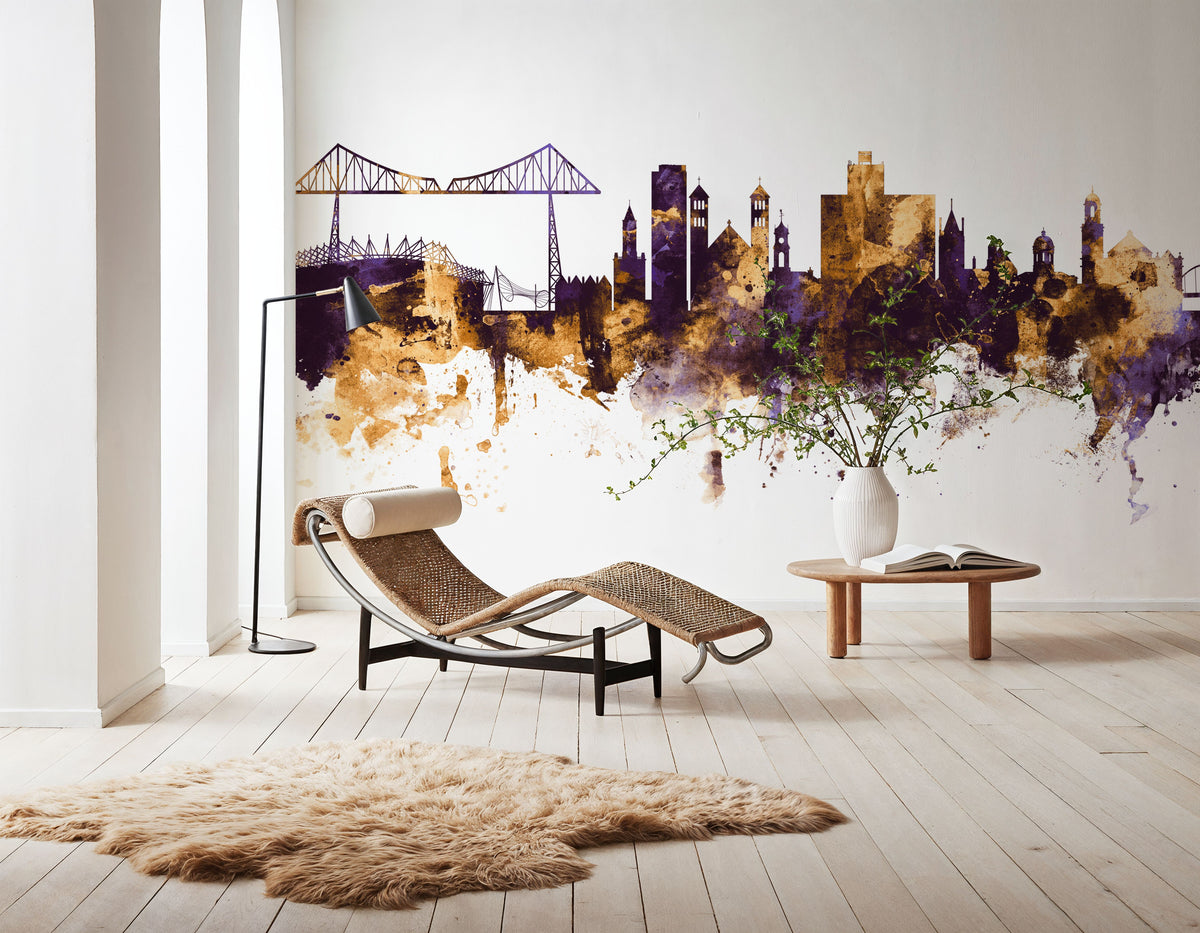 Middlesbrough England Skyline Purple & Gold Mural Wallpaper - room preview 04