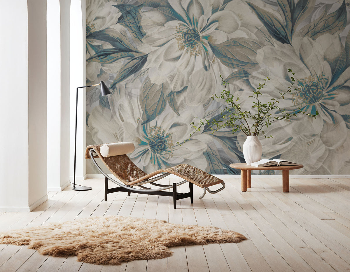 Peony Study - Cream and Teal Mural Wallpaper - room preview 04