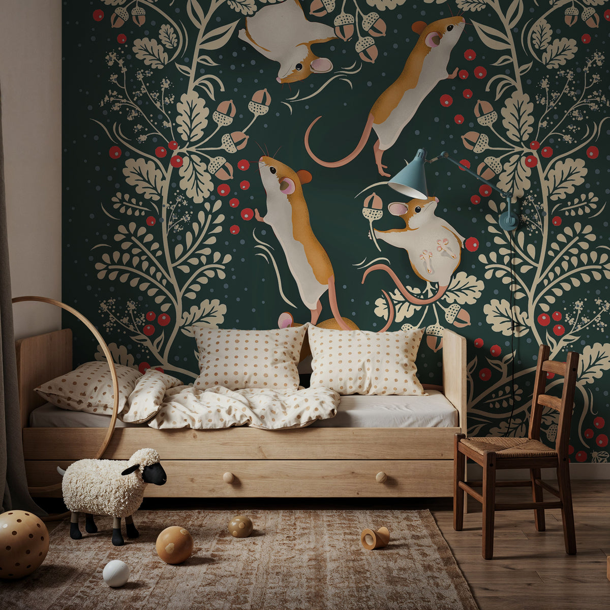 Holiday Mice, Emerald Mural Wallpaper - room preview 04