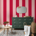 Scalloped Circus Stripes, Red on Pink Mural Wallpaper - room preview 04