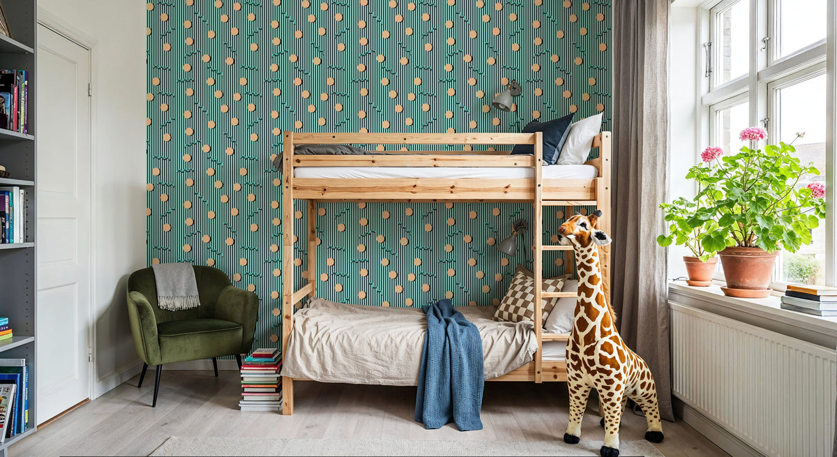 Memphis Dots & Stripes, Cyan Mural Wallpaper - room preview 04
