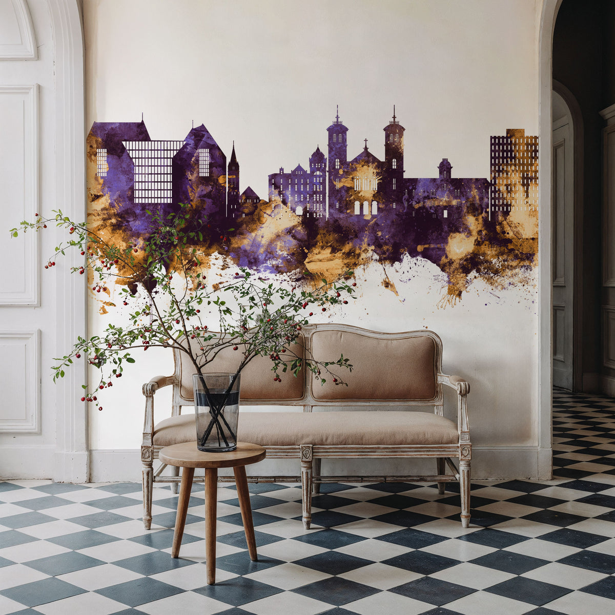 St John's Canada Skyline Purple & Gold Mural Wallpaper - room preview 04
