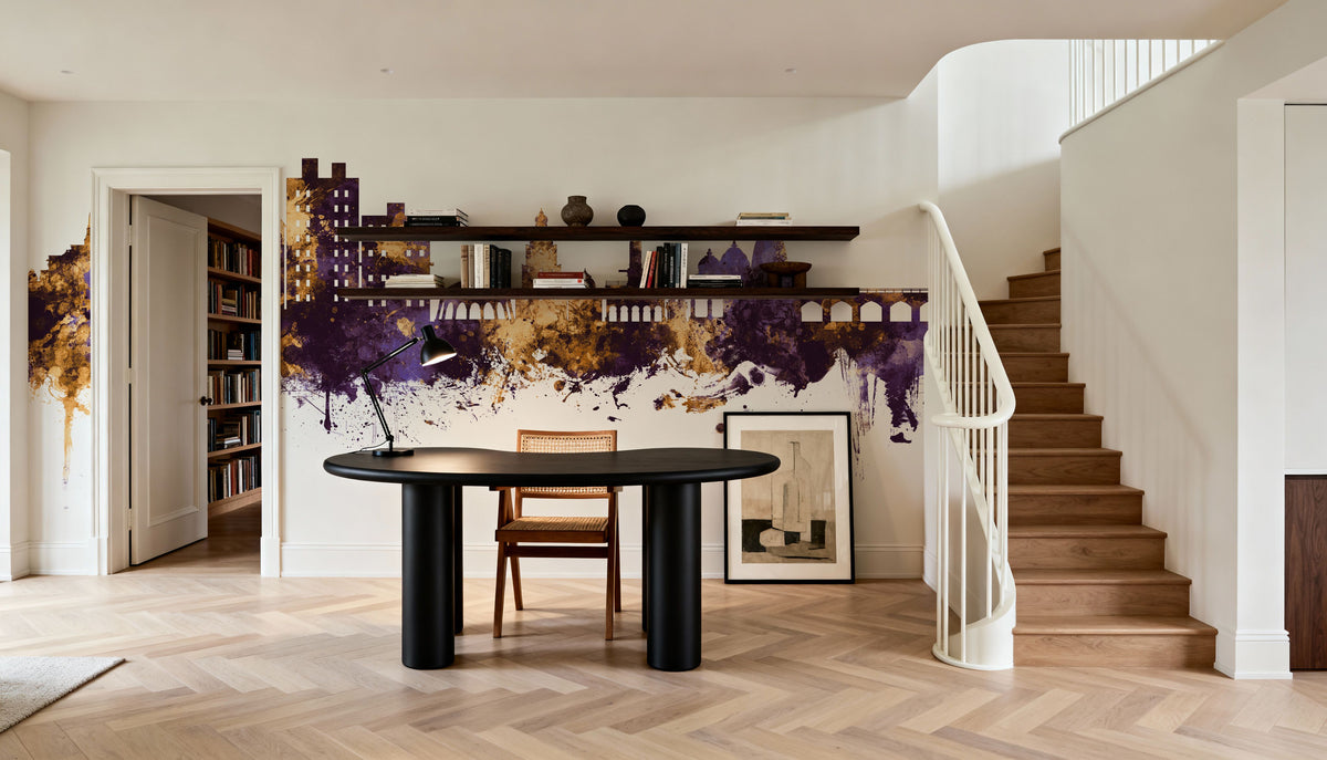 Nashik India Skyline Purple & Gold Mural Wallpaper - room preview 04