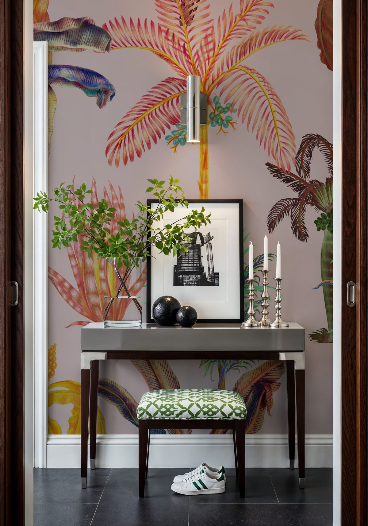 Statement Palms, Light Pink Mural Wallpaper - room preview 04