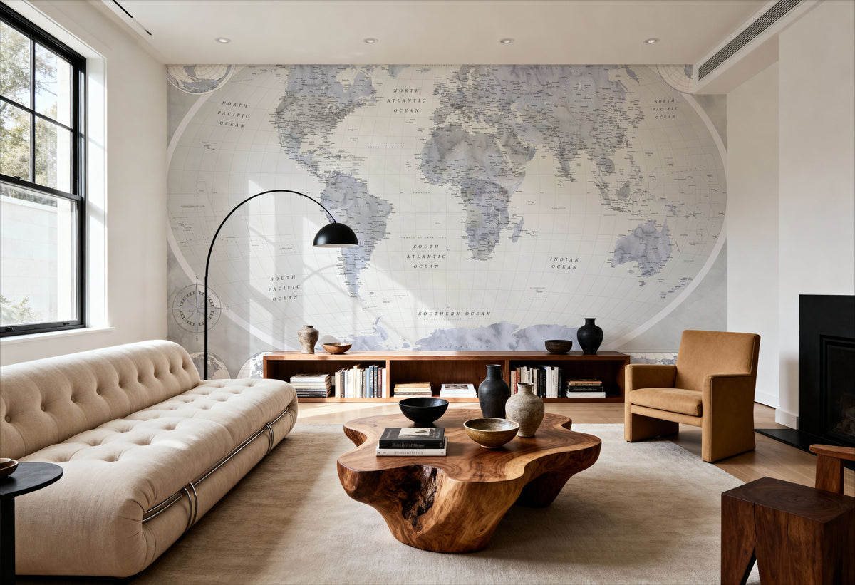 World Map Atlas Blue Gray Mural Wallpaper - room preview 04