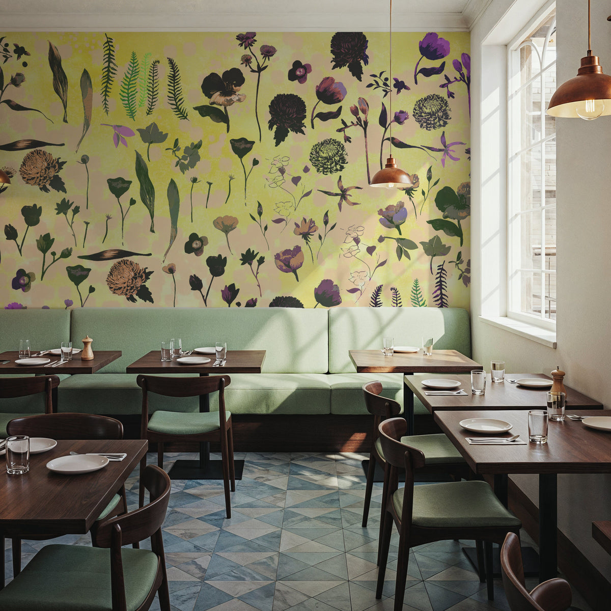 Floral Dream, Butter Yellow Mural Wallpaper - room preview 04