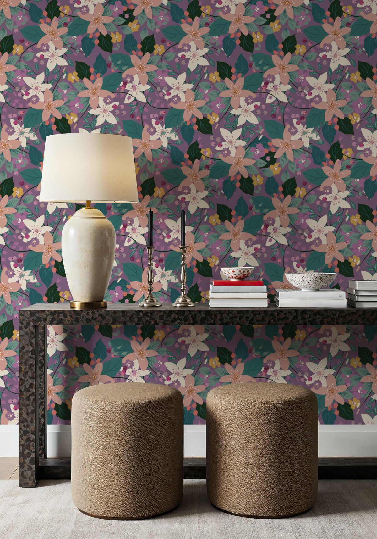Purple Flowers and Berries Mural Wallpaper - room preview 04