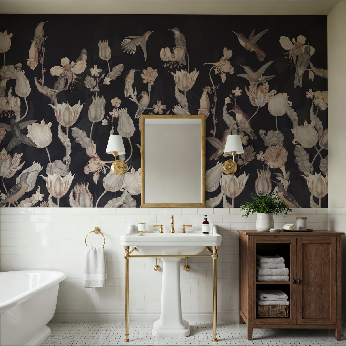 Tulips & Birds, Midnight Mural Wallpaper - room preview 04