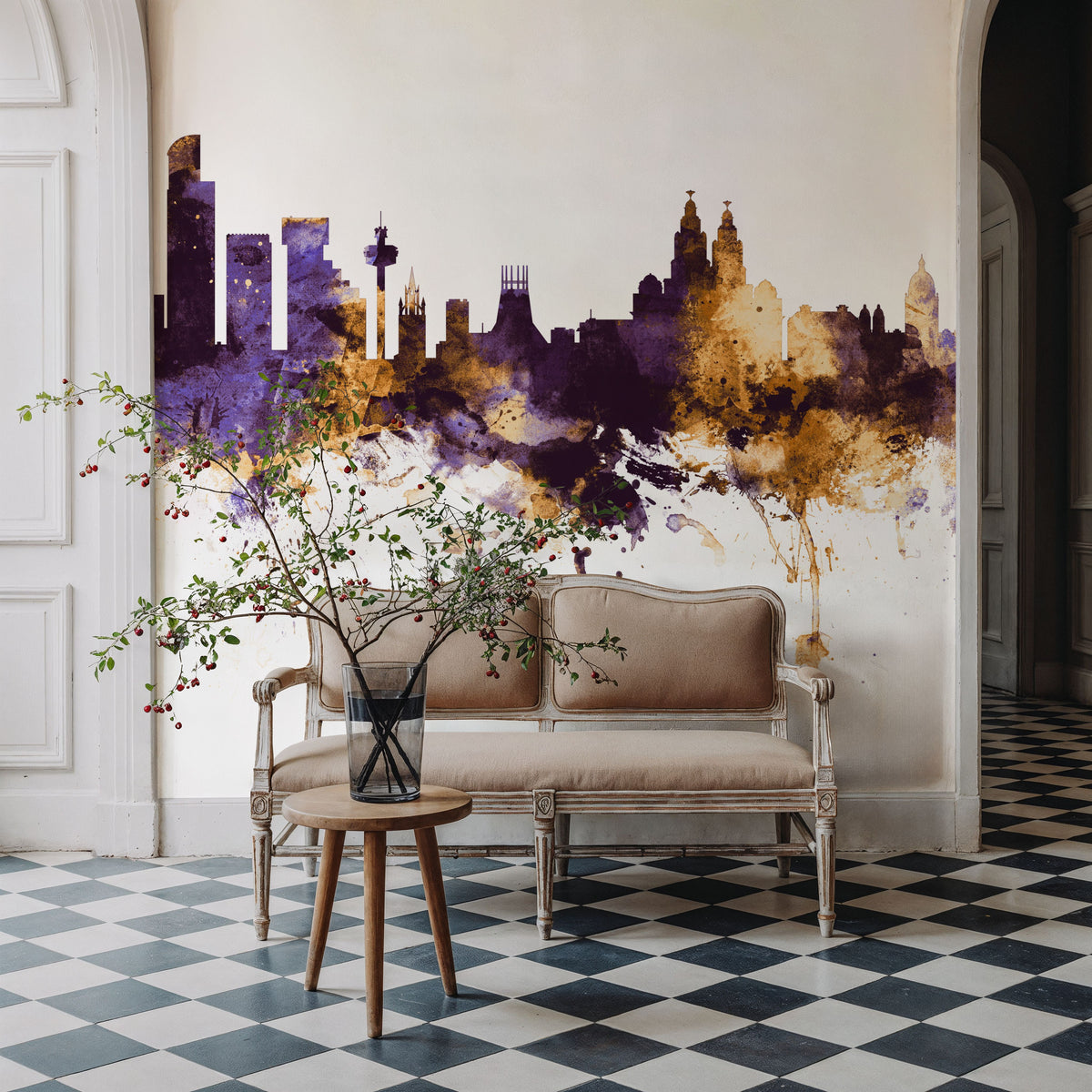 Liverpool England Skyline Purple & Gold Mural Wallpaper - room preview 04