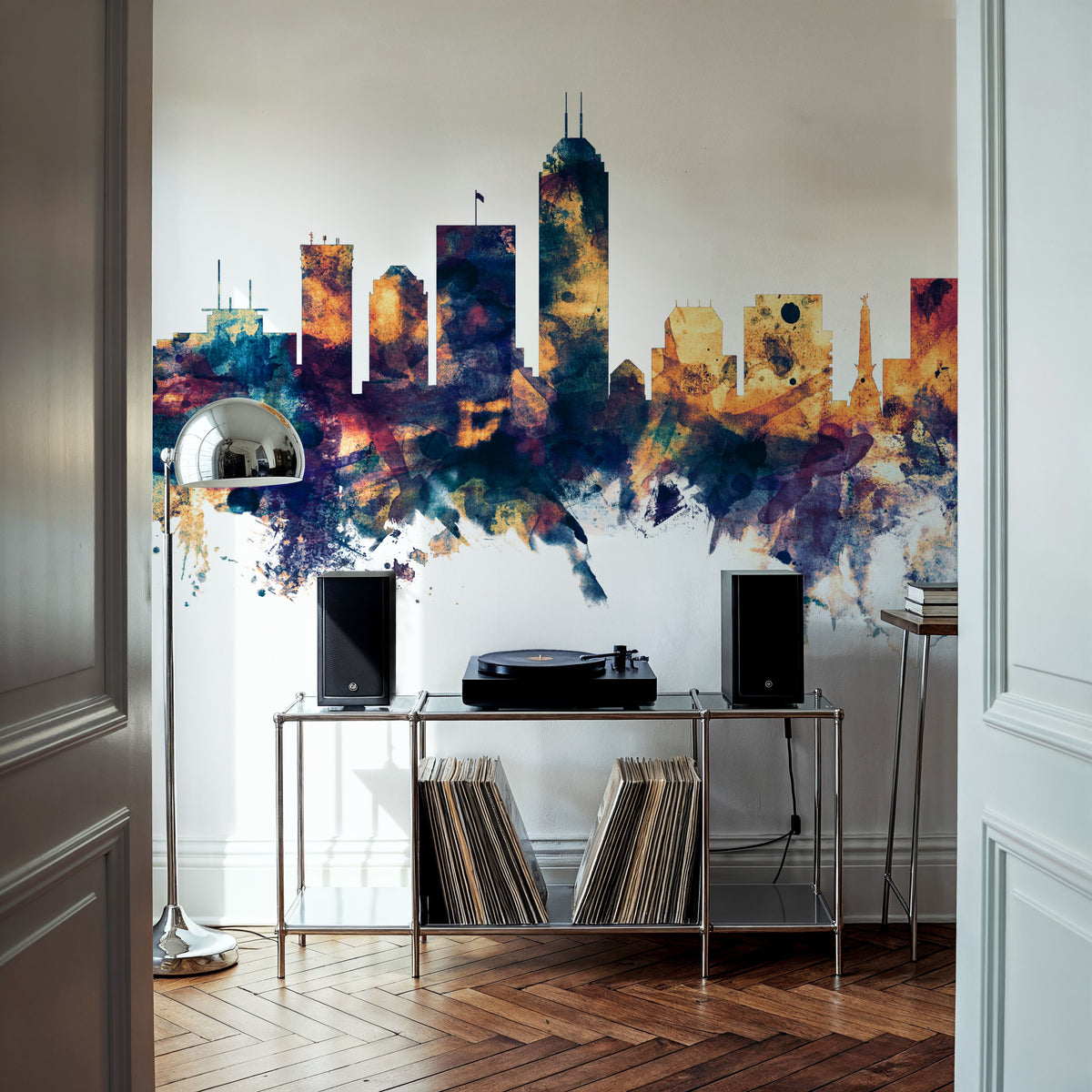 Indianapolis Indiana Skyline Blue & Bronze Mural Wallpaper - room preview 04