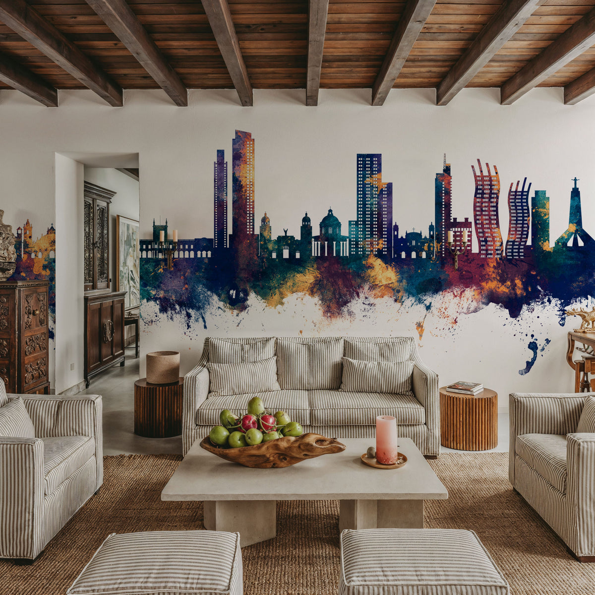 Asunción Paraguay Skyline Blue & Bronze Mural Wallpaper - room preview 04