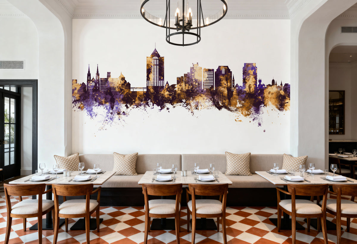 Roanoke Virginia Skyline Purple & Gold Mural Wallpaper - room preview 04