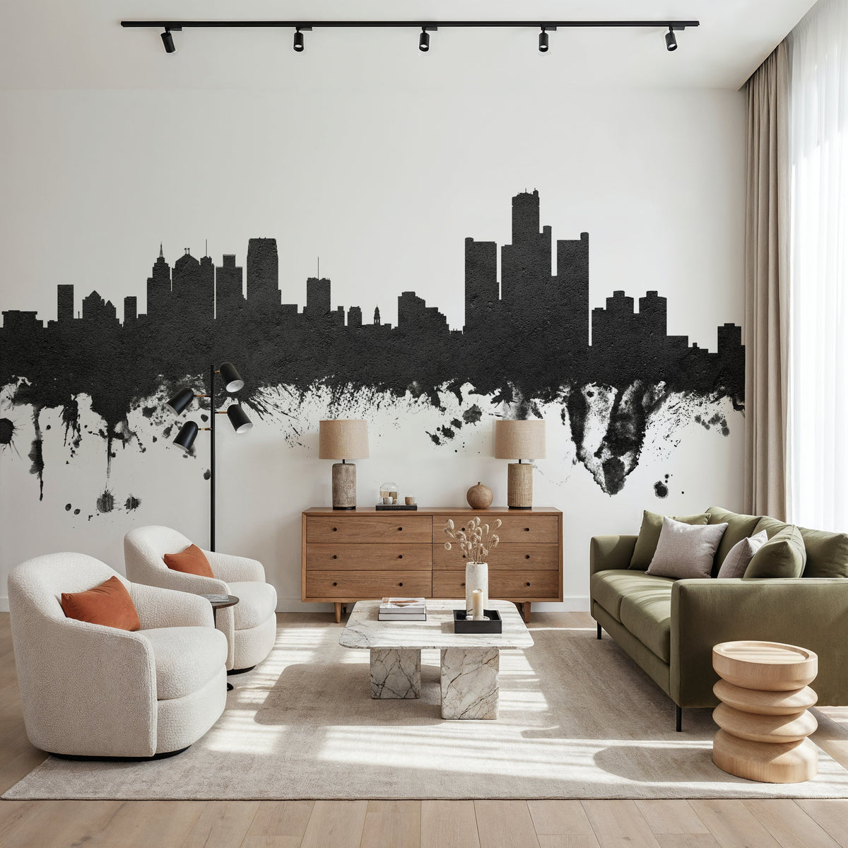 Detroit Michigan Skyline Black & White Mural Wallpaper - room preview 04