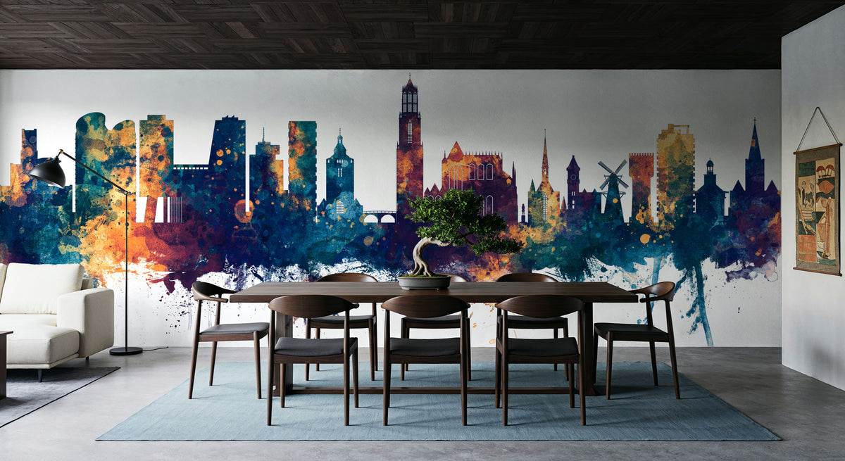 Utrecht the Netherlands Skyline Blue & Bronze Mural Wallpaper - room preview 04