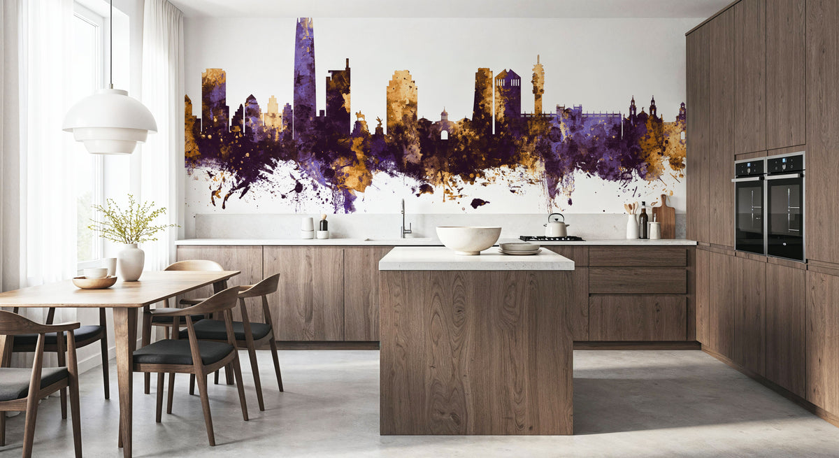 Santiago De Chile Skyline Purple & Gold Mural Wallpaper - room preview 04