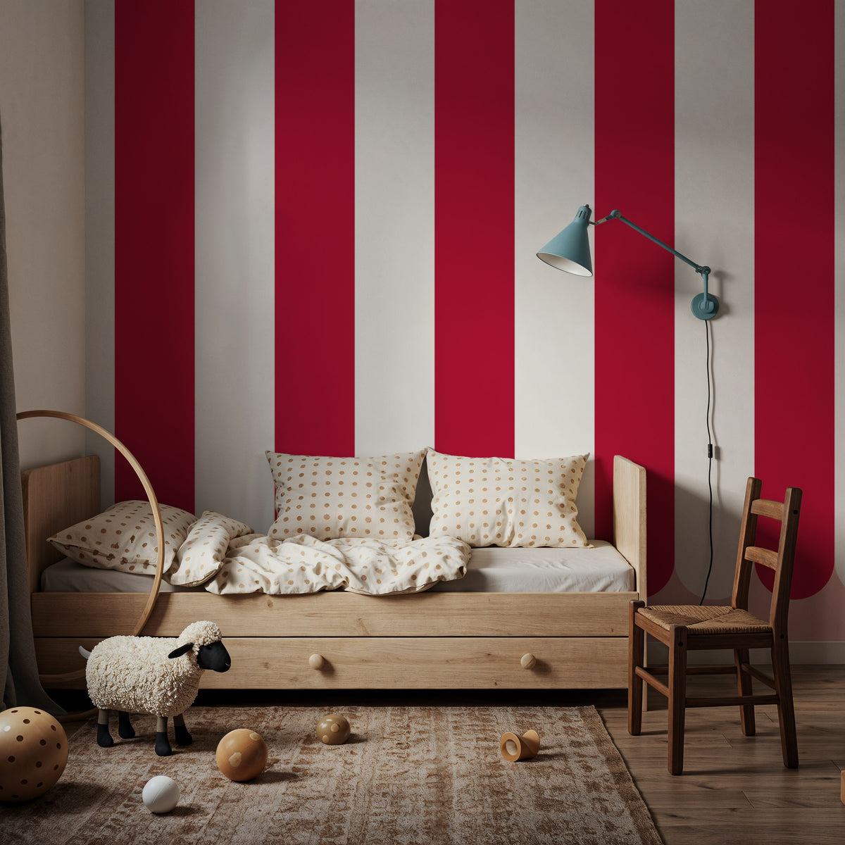 Scalloped Circus Stripes, Red Mural Wallpaper - room preview 04
