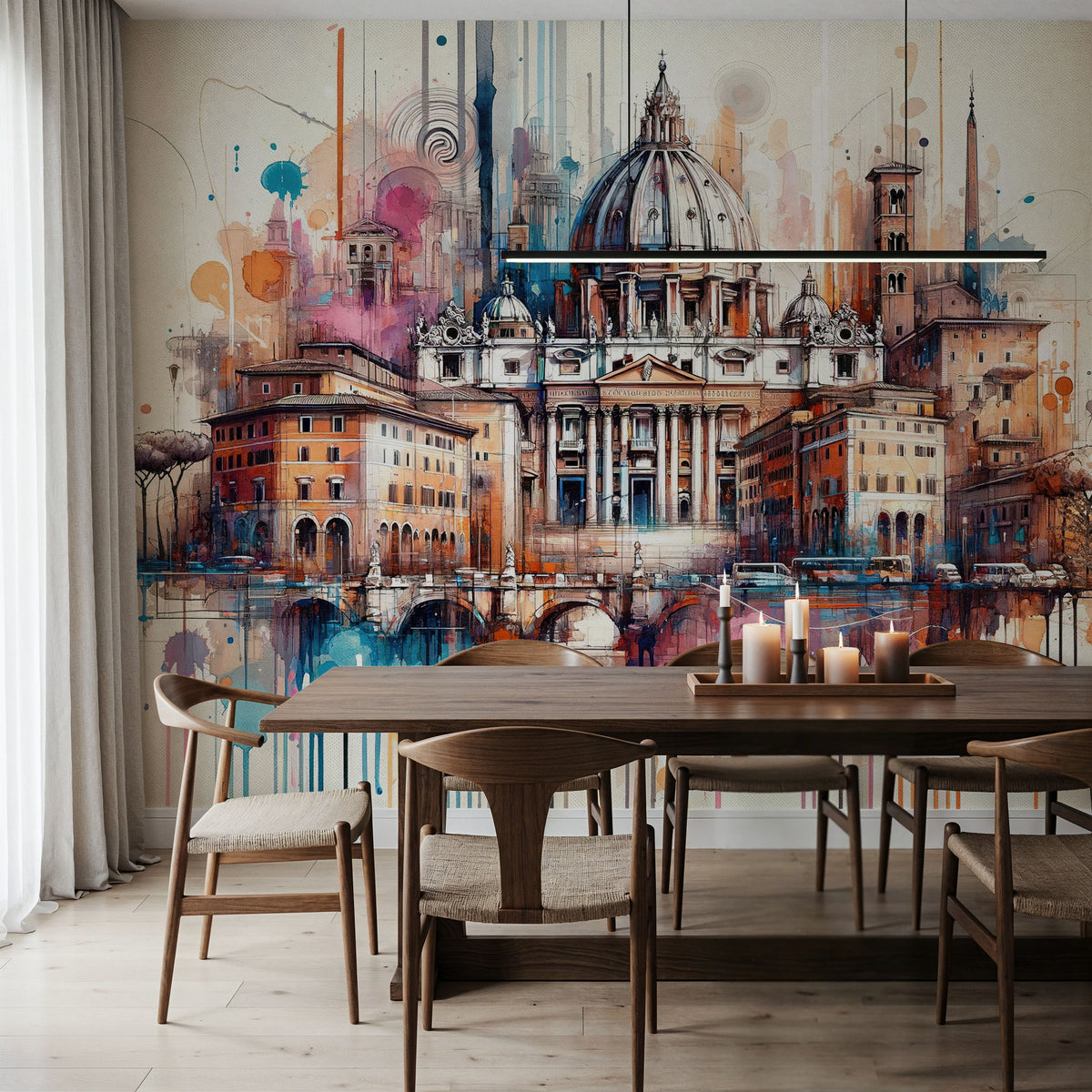 Watercolor Rome Skyline Mural Wallpaper - room preview 04