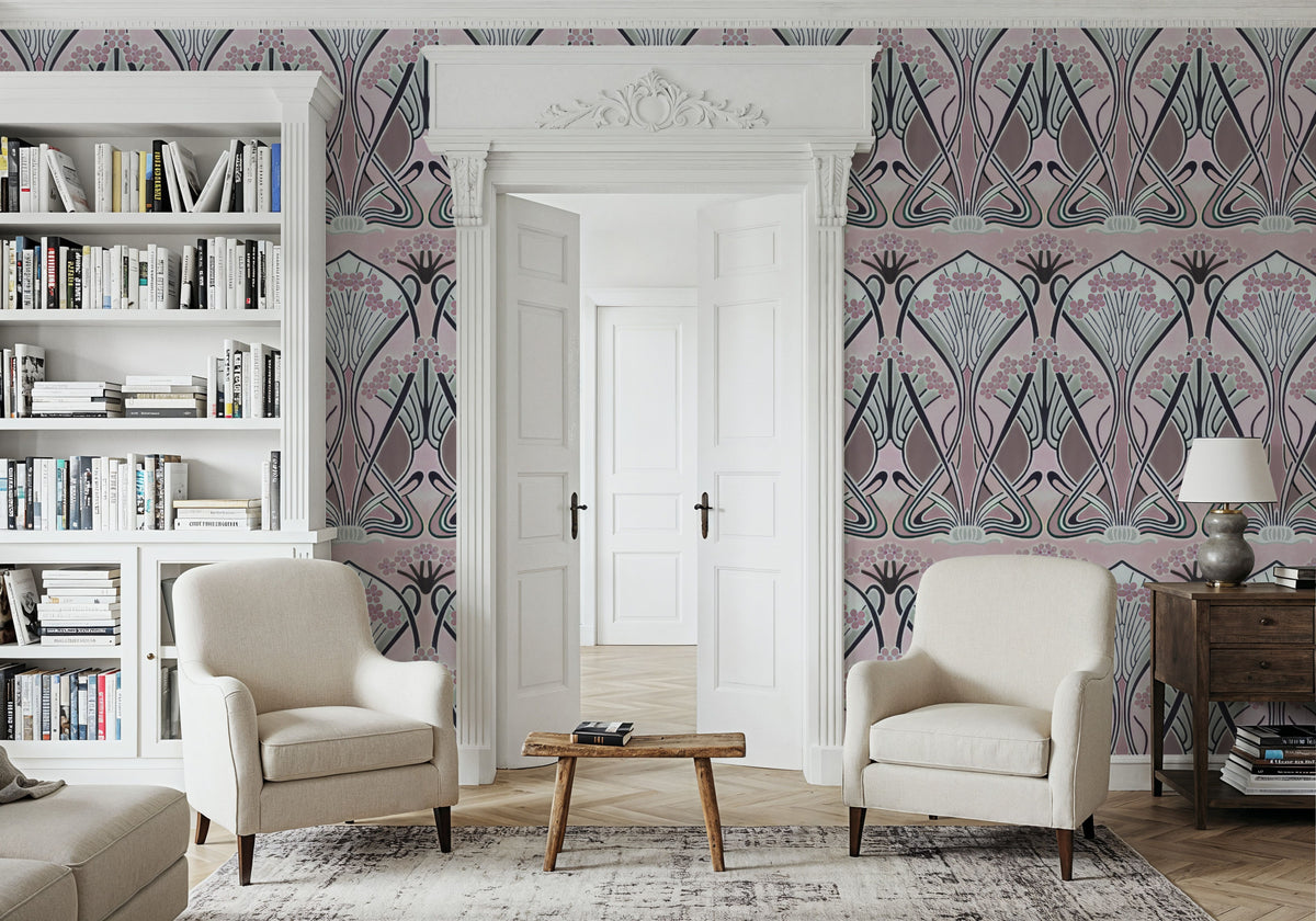 Floral Art Deco Aura, Petal Pink Mural Wallpaper - room preview 04
