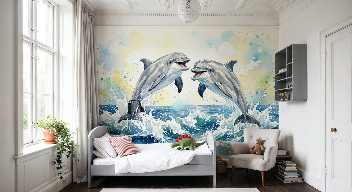 Dolphins II - Watercolor Spirit Animals Series Mural Wallpaper - room preview 04