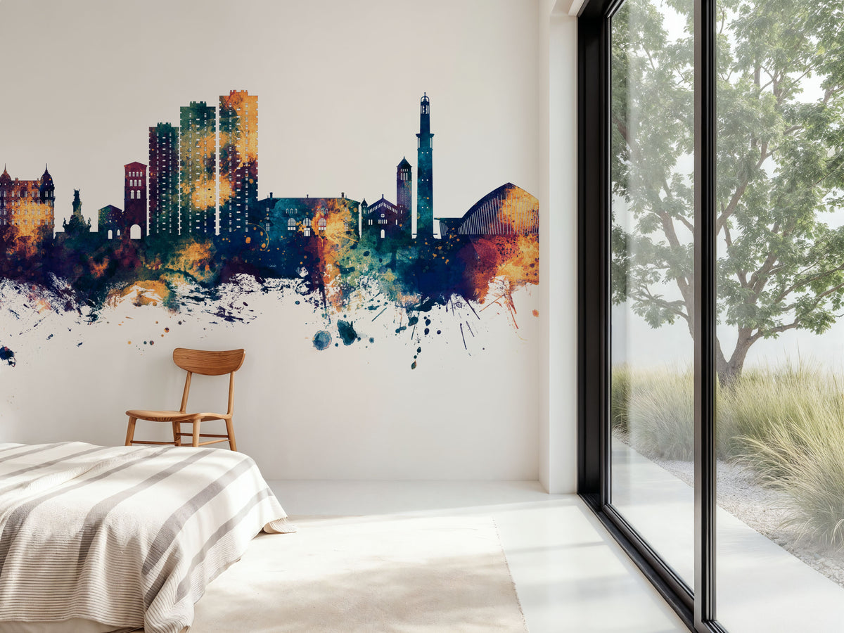 Grenoble Skyline Blue & Bronze Mural Wallpaper - room preview 04
