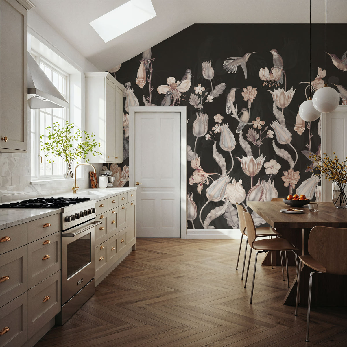 Tulips & Birds, Black Mural Wallpaper - room preview 04