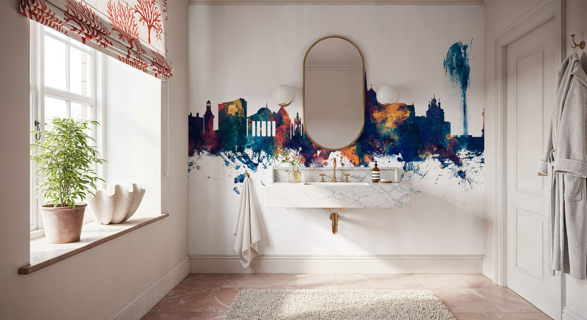 Geneva Switzerland Skyline Blue & Bronze Mural Wallpaper - room preview 04