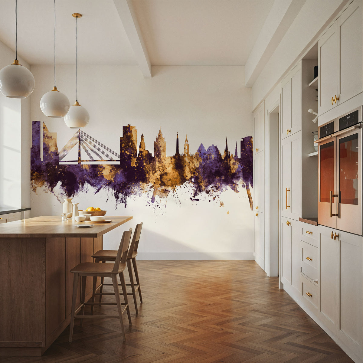 Riga Latvia Skyline Purple & Gold Mural Wallpaper - room preview 04