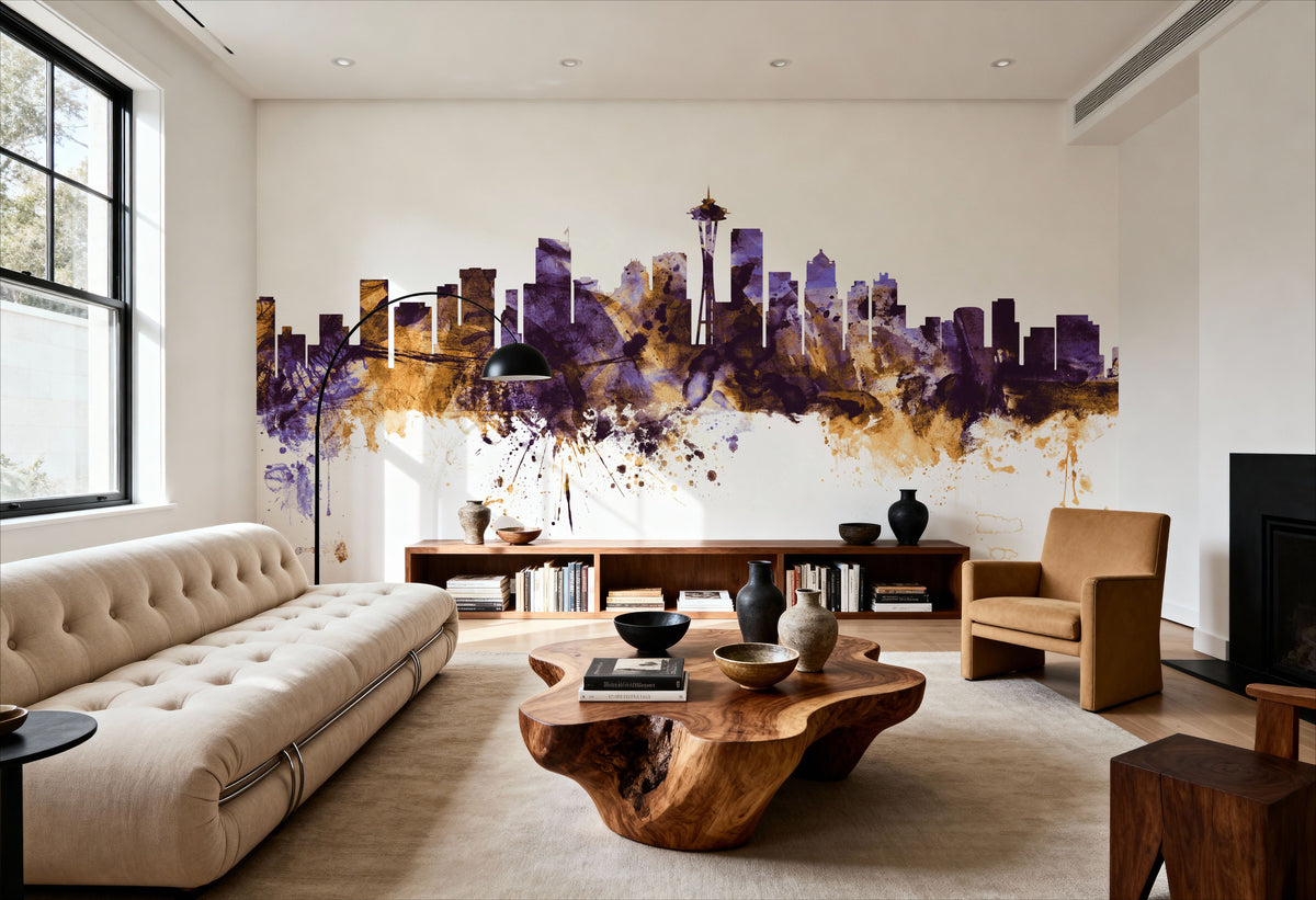Seattle Skyline Purple & Gold Mural Wallpaper - room preview 04