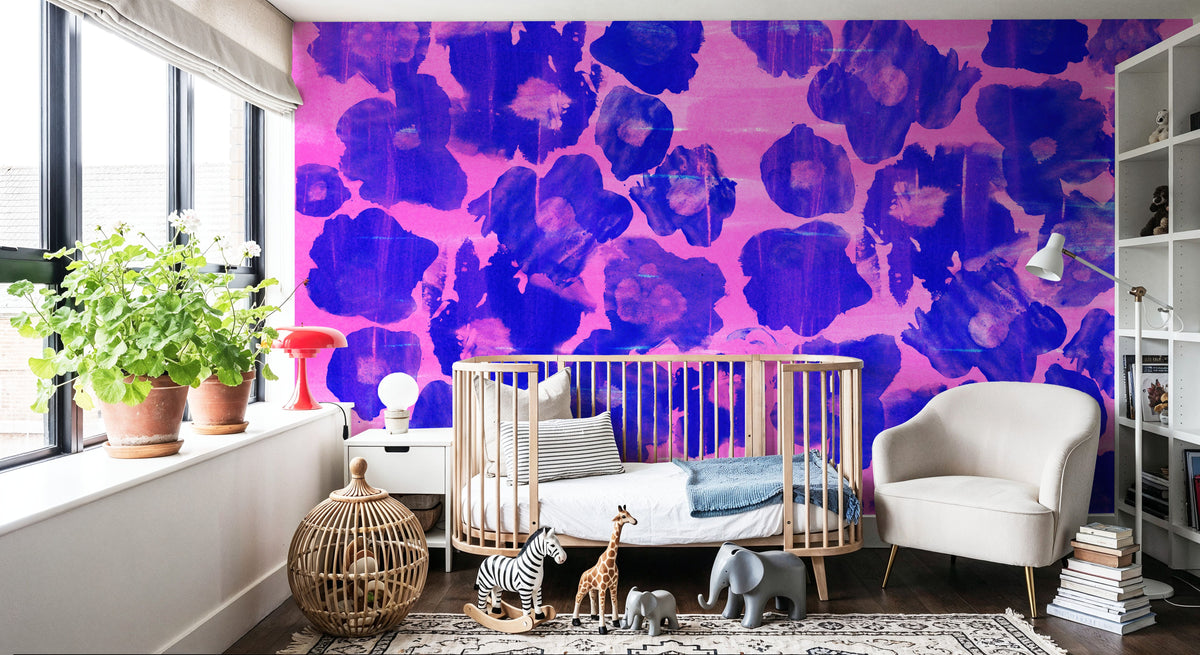 Flower Poufs, Indigo on Pink Mural Wallpaper - room preview 04